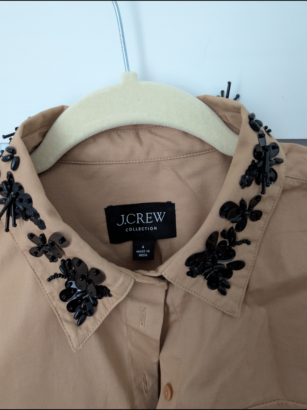 J. Crew Tan Short-Sleeve Button-Down Shirt with Black Floral Collar - Picture 4 of 5